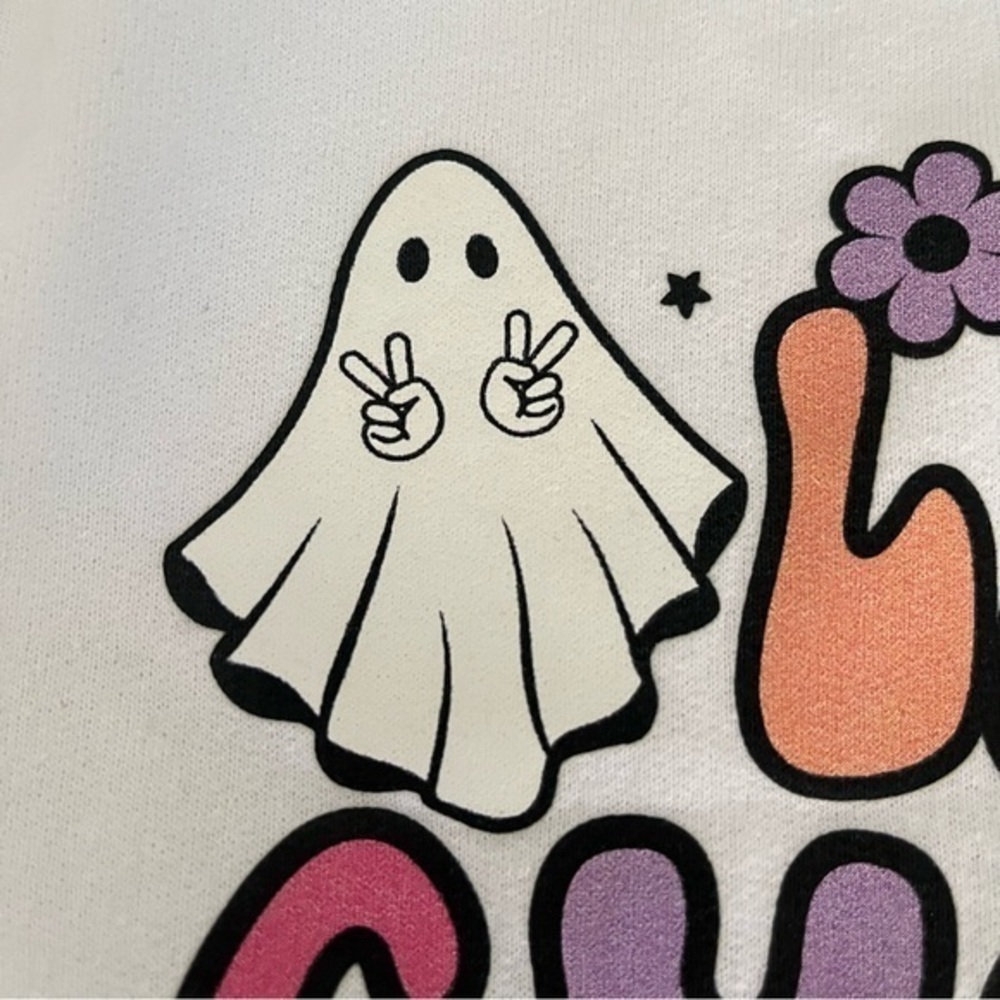 Lets Go Ghouls White Sweatshirt Medium Halloween Ghost Peace Bat Retro Vibes - Picture 8 of 8
